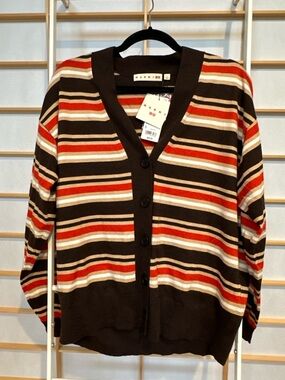 Marni Striped V-Neck Button Cardigan in Brown, Red & Cream